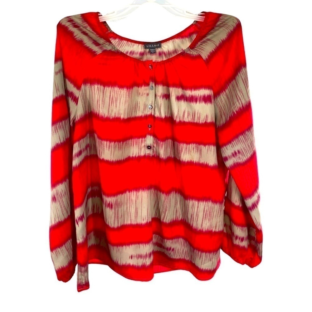 Lilla P Bright Red & Taupe Round Neck Ikat Boutique Brand Top Size Large
